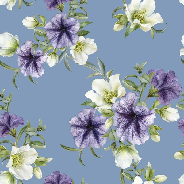 Petunyaların ve Karaca ot ile çiçek seamless modeli