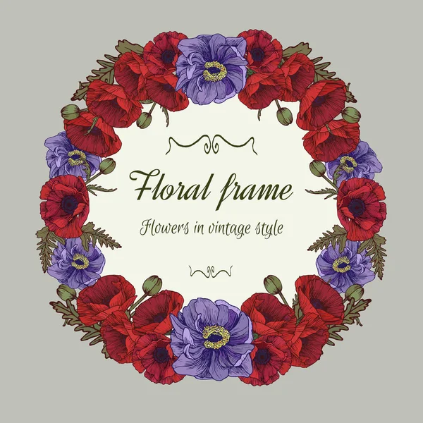 Vector Floral Wreath Flowers Vintage Style Beautiful Frame Red Poppies — Stock Vector