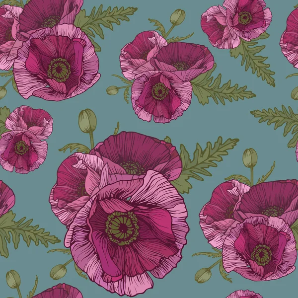 复古风格的粉红色罂粟花无缝花纹 — 图库矢量图片