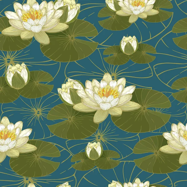 Vector Floral Seamless Pattern White Water Lilies — Stock Vector