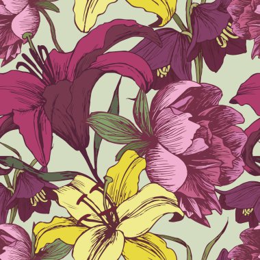 Vektör çiçek seamless modeli ile peonies, vintage tarzı zambak