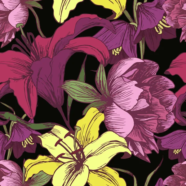 Векторный Цветочный Бесшовный Рисунок Пионами Лилии Винтажном Стиле — стоковый вектор