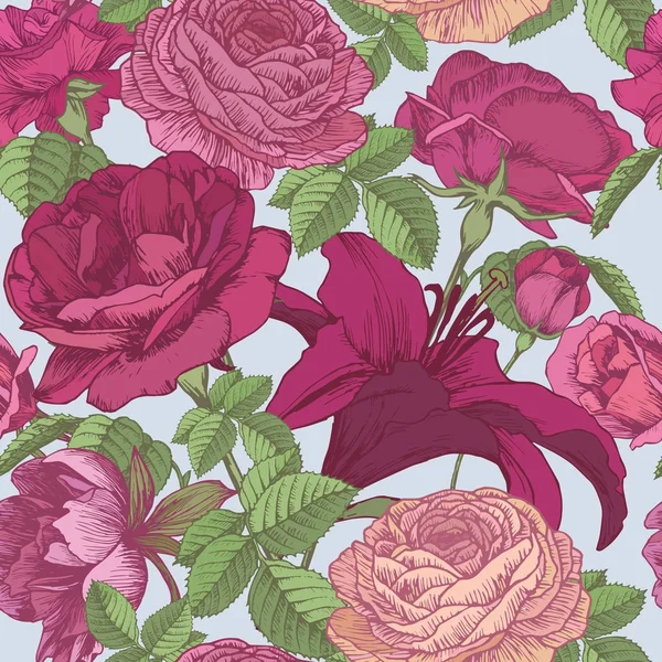 Motif Floral Vectoriel Sans Couture Avec Lis Pivoines Roses Rouges — Image vectorielle