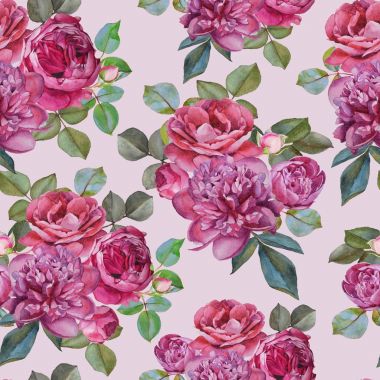 Sulu boya pembe Gül ve peonies çiçek seamless modeli