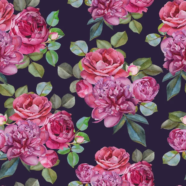Květinový vzor bezešvé s akvarel růžové růže a pivoňky — Stock fotografie