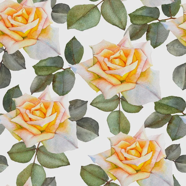 Floral Seamless Pattern Watercolor Yellow Roses Background Bouquets Hand Drawn — Stock Photo, Image