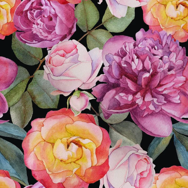 Çiçeksiz desenli suluboya güller ve şakayıklar.