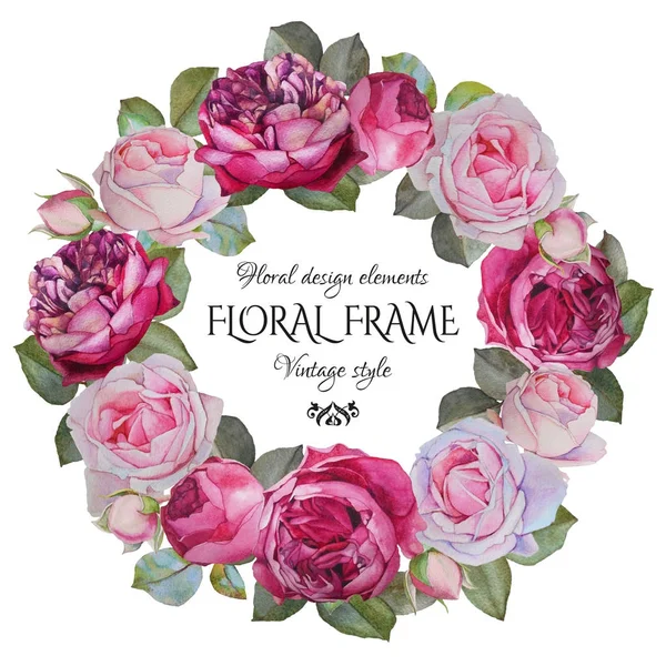 Tarjeta de felicitación floral vintage con un marco de rosas acuarela —  Fotos de Stock