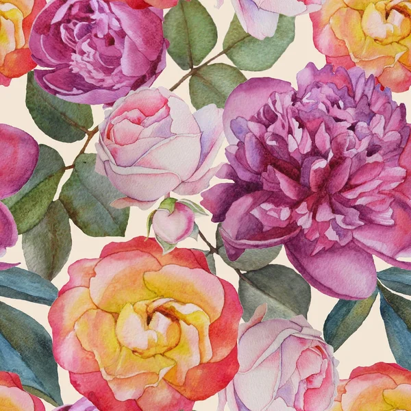 Kwiatowy bezszwowy wzór z akwarelowymi różami i piwoniami — Zdjęcie stockowe