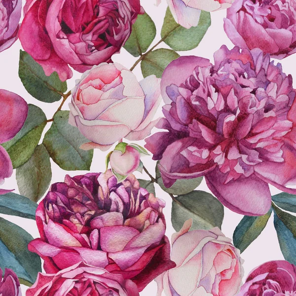 Padrão sem costura floral com rosas aquarela e peônias — Fotografia de Stock