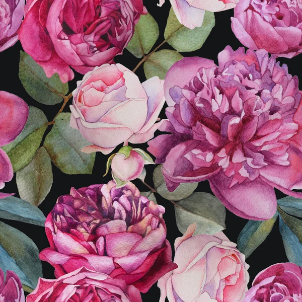 Çiçeksiz desenli suluboya güller ve şakayıklar.