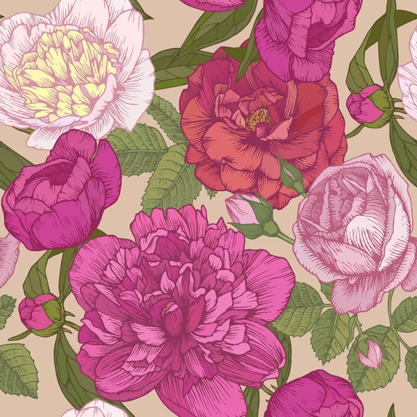 Motif Floral Vectoriel Sans Couture Avec Pivoines Roses Blanches Dessinées — Image vectorielle