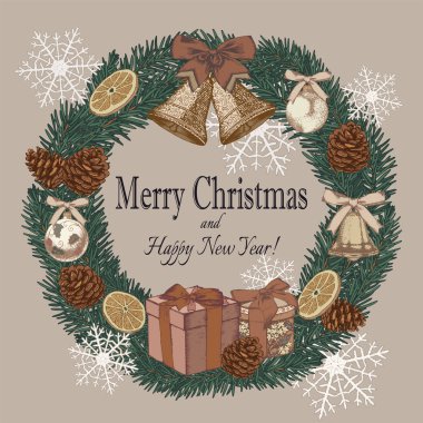 Vektör vintage Noel kartı ile el çekilmiş çelenk köknar ağacı, çam kozalakları, çan, kurutulmuş portakal ve Noel süsleri