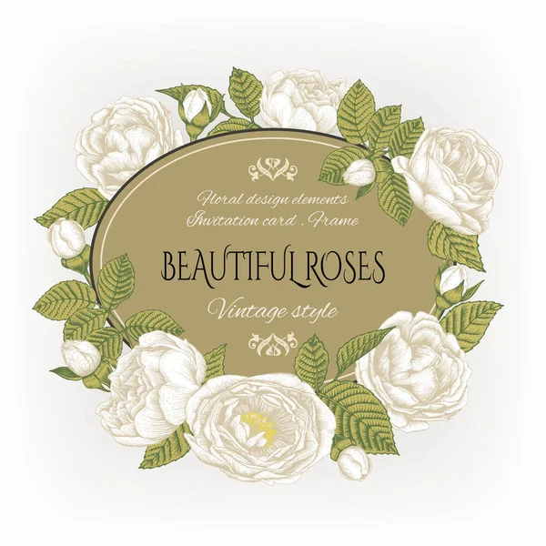 Tarjeta Floral Vintage Con Marco Rosas Blancas Ilustración Vectorial — Vector de stock
