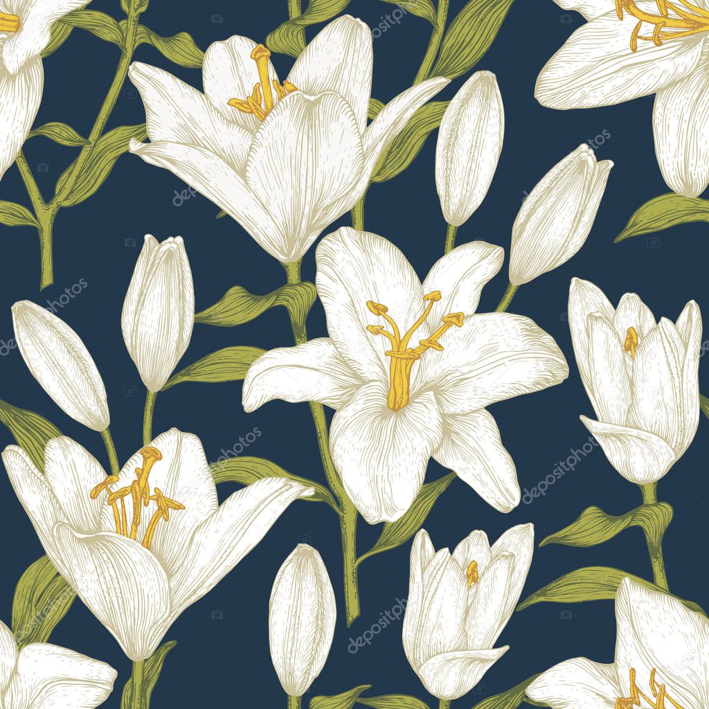 Vector floral seamless pattern with white lilies. Floral background in vintage style.