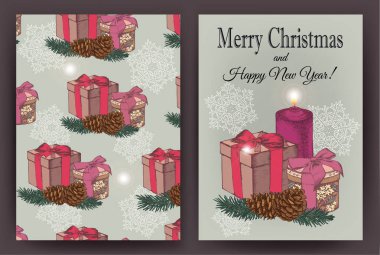 Elle çizilmiş hediye kutuları, çam ağacı, çam kozalakları, mum ile Noel kartı. Vektör çizim