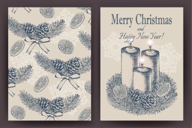 Elle çizilmiş köknar ağacı, çam kozalakları, mumlar ile Noel kartı. Vektör çizim.