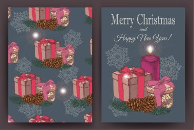 Elle çizilmiş hediye kutuları, çam ağacı, çam kozalakları, mum ile Noel kartı. Vektör çizim