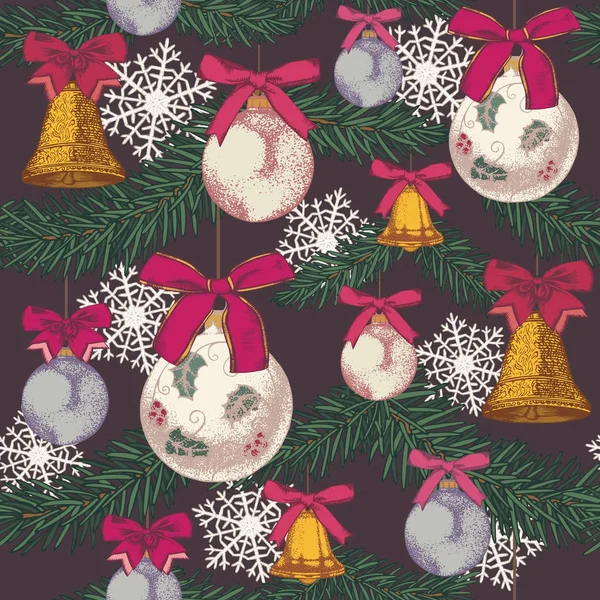 Vector Christmas Seamless Pattern Hand Drawn Fir Tree Bells Christmas — Stock Vector