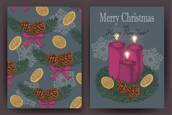 Tarjeta Navidad Con Abeto Dibujado Mano Conos Abeto Velas Ilustración — Vector de stock