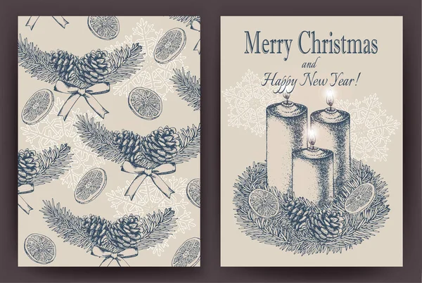 Elle çizilmiş köknar ağacı, çam kozalakları, mumlar ile Noel kartı. Vektör çizim.