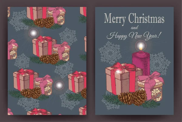 Christmas Card Hand Drawn Gift Boxes Fir Tree Fir Cones — Stock Vector