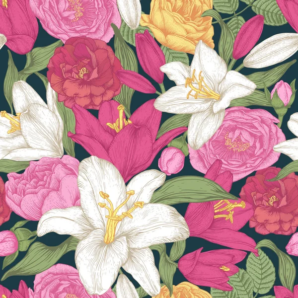 矢量花卉无缝模式与白色和红色百合 粉红色和黄色的玫瑰 复古风格的花卉背景 — 图库矢量图片