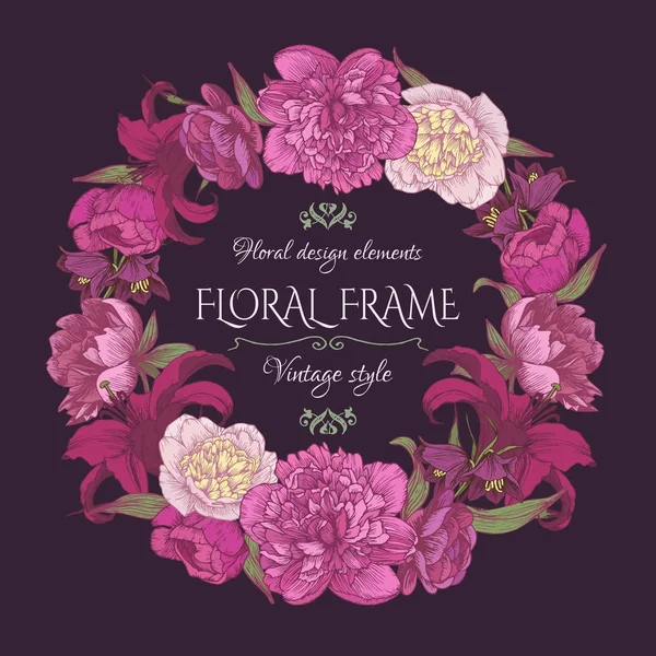 Carte Florale Vintage Avec Cadre Pivoines Lis Belle Couronne Dans — Image vectorielle