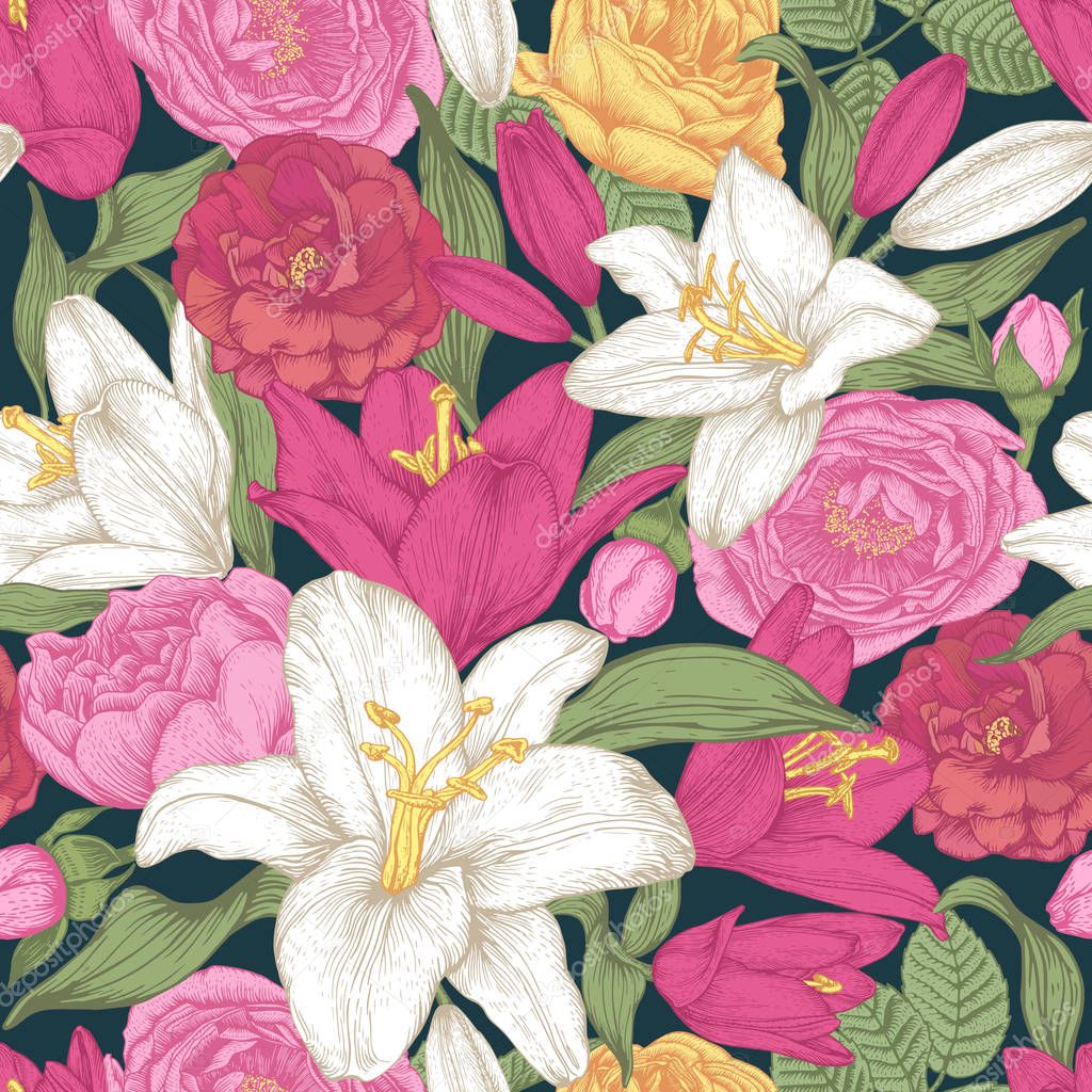 Vector floral seamless pattern with white and red lilies, pink and yellow roses. Floral background in vintage style.