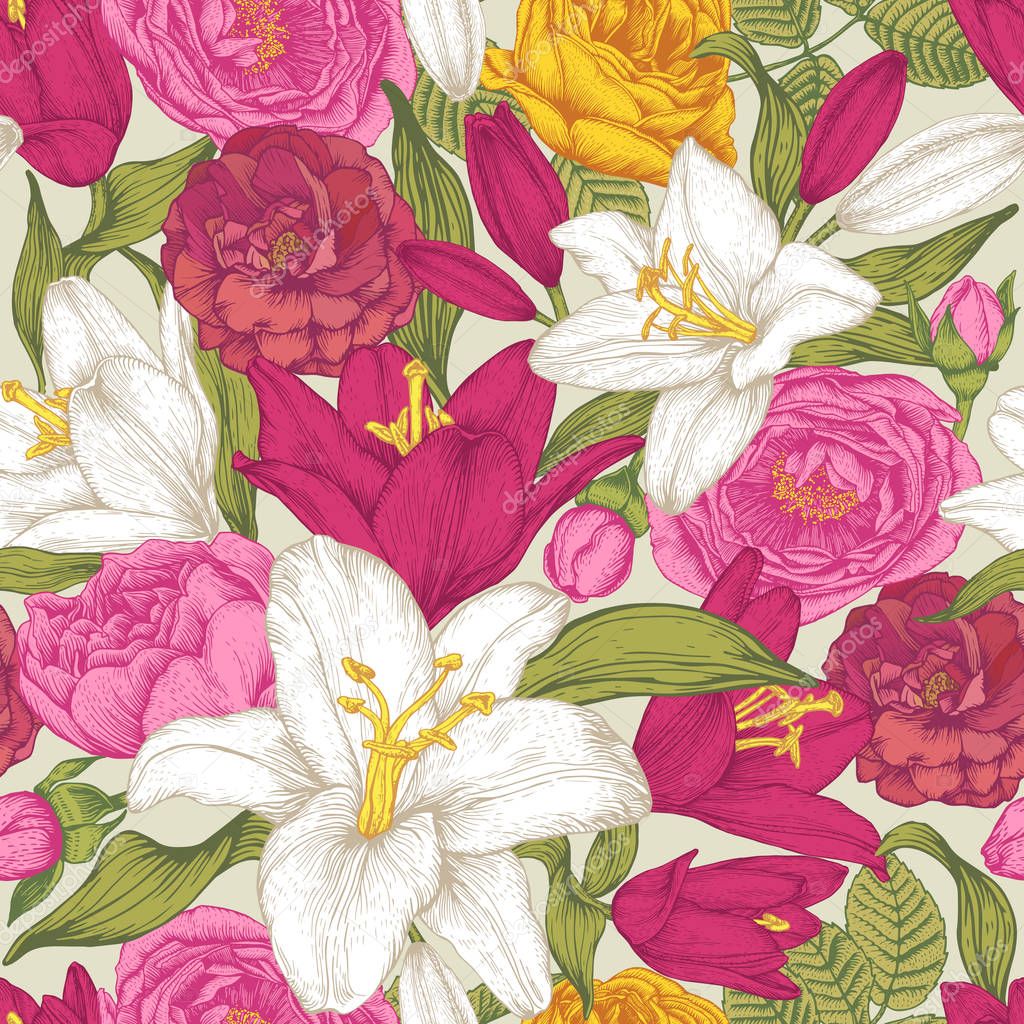 Vector floral seamless pattern with white and red lilies, pink and yellow roses. Floral background in vintage style.