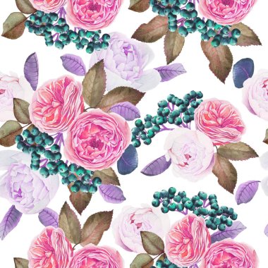 Çiçeksiz desenli suluboya güller ve şakayıklar.