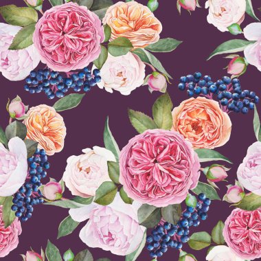 Suluboya gül, peonies, siyah üvez meyveleri ile çiçek seamless modeli