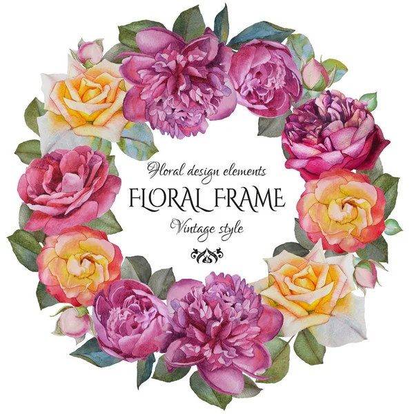 Винтажная цветочная открытка с рамкой из акварельных роз и пионов — стоковое фото