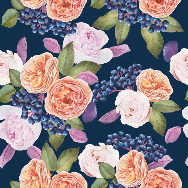 Blommigt sömlöst mönster med akvarell rosor och pioner — Stockfoto