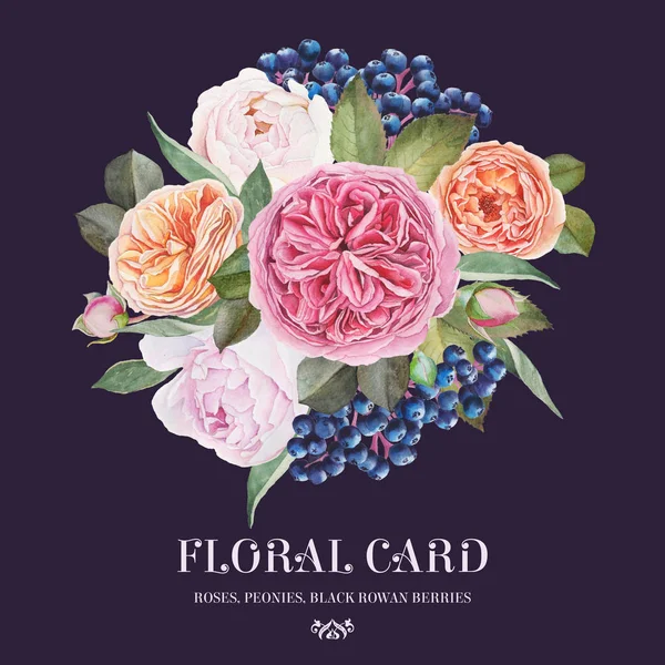 Blommig kort med akvarell rosor, pioner, svart Rönnbär. — Stockfoto