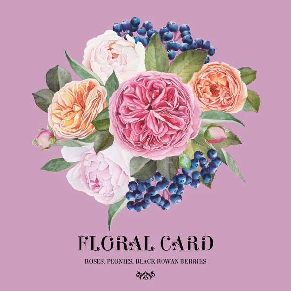 Blommig kort med akvarell rosor, pioner, svart Rönnbär. — Stockfoto