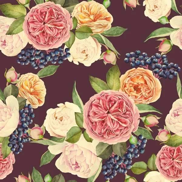 Varrat nélküli virágmintás akvarell Rózsa, pünkösdi rózsa, fekete berkenye bogyók — Stock Fotó