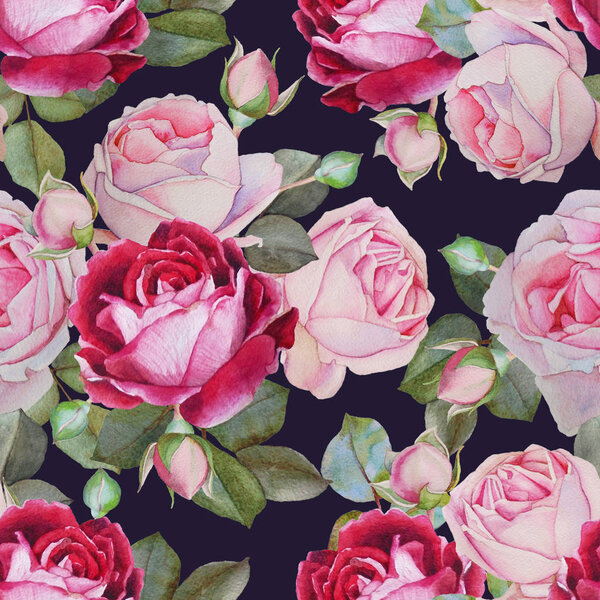 Floral seamless pattern with watercolor pink roses — Stock Photo, Image