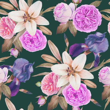 Suluboya peonies, gül ve irisler çiçek seamless modeli el ile çizilmiş