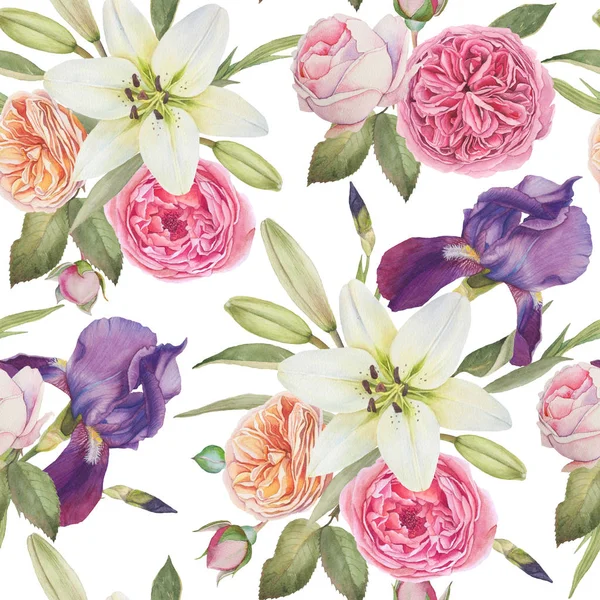 Floral seamless pattern with hand drawn watercolor peonies, roses and irises