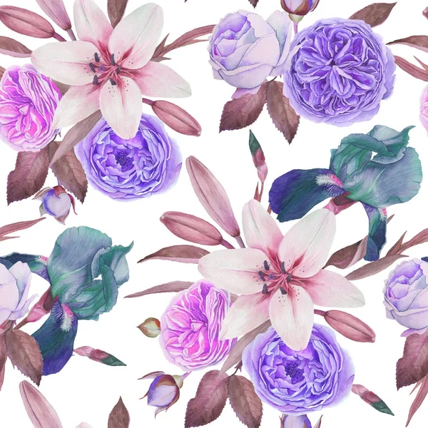 Padrão sem costura floral com peônias aquarela desenhadas à mão, rosas e íris — Fotografia de Stock