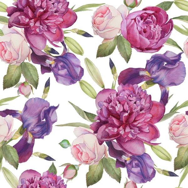 Varrat nélküli virágmintás kézzel rajzolt akvarell pünkösdi rózsa, rózsák és íriszek — Stock Fotó