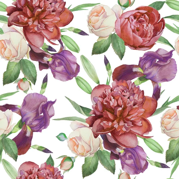 Floral seamless pattern with hand drawn watercolor peonies, roses and irises — Stock Photo, Image