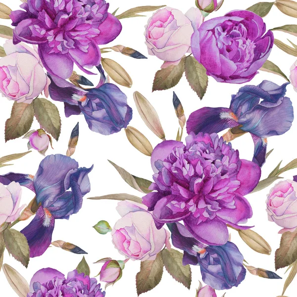 Floral seamless pattern with hand drawn watercolor peonies, roses and irises — Stock Photo, Image