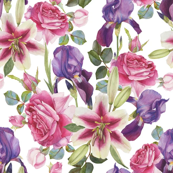 Floral seamless pattern with hand drawn watercolor lilies, roses and iris — Stock Photo, Image