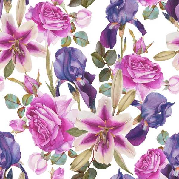 Motivo floreale senza cuciture con gigli acquerello disegnati a mano, rose e iris — Foto Stock