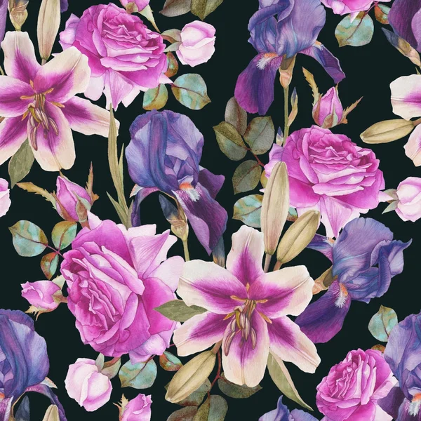 Patrón sin costura floral con lirios de acuarela dibujados a mano, rosas e iris —  Fotos de Stock