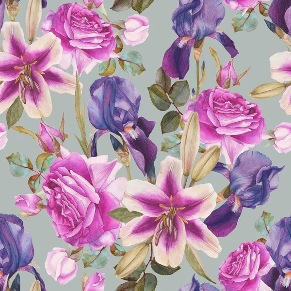 Florales nahtloses Muster mit handgezeichneten Aquarelllilien, Rosen und Iris — Stockfoto