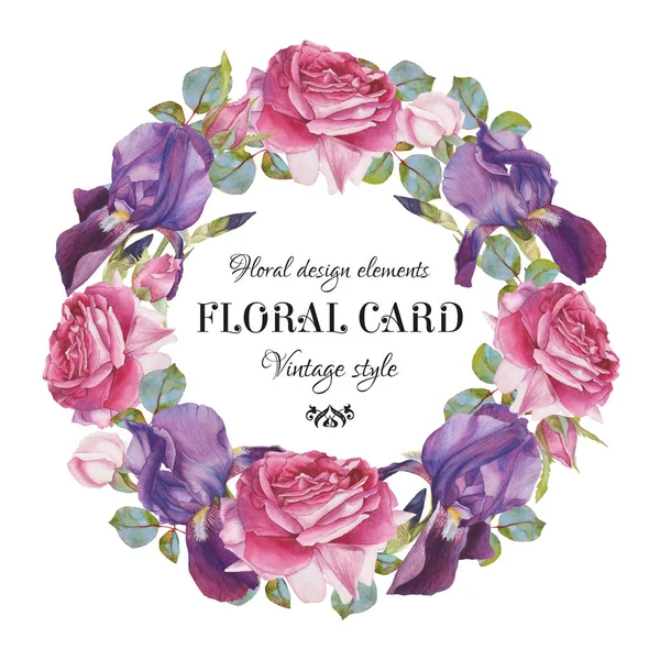 Carte de vœux fleurie vintage avec cadre de roses aquarelles et iris — Photo