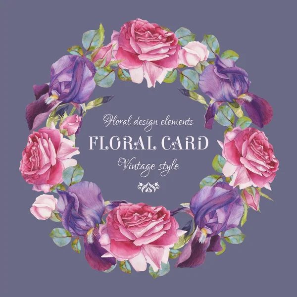 Vintage-Blumen-Grußkarte mit einem Rahmen aus Aquarell-Rosen und Iris — Stockfoto